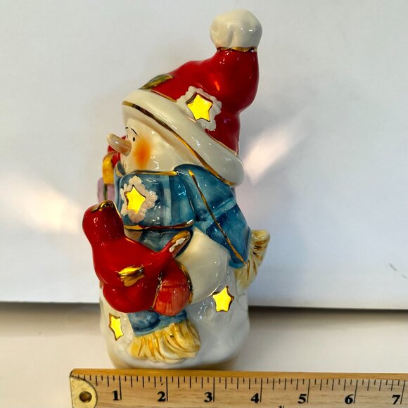 Christmas Snowman Cardinal Ceramic Lighted Figurine Gold Paint Highlights Gift - Picture 7 of 13